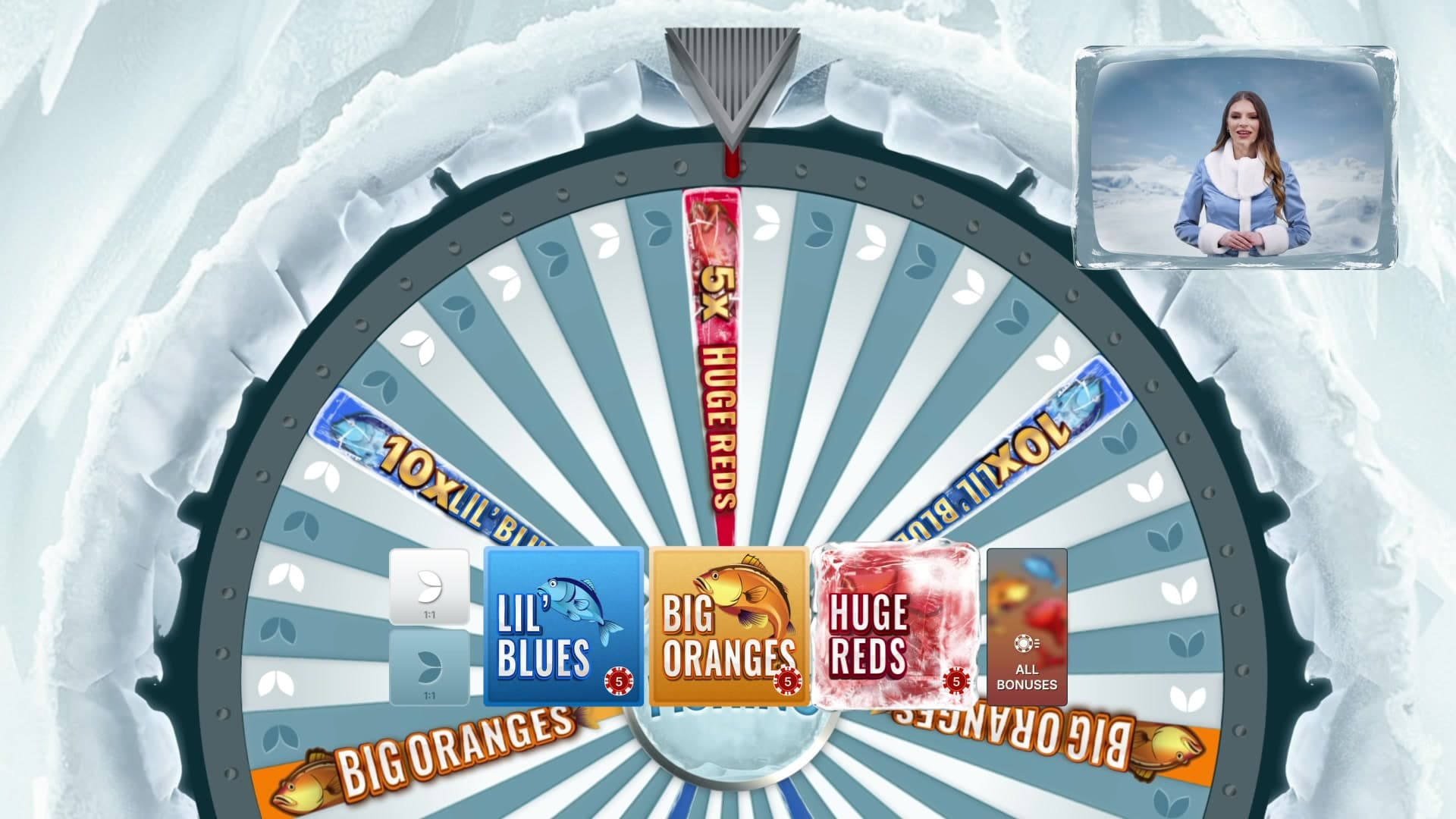 Official Ice Fishing game view showing the money wheel and betting spots