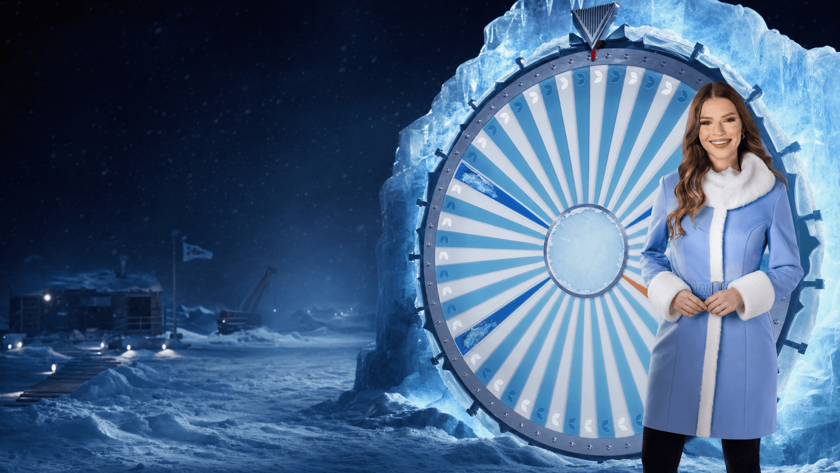Arctic game-show host beside a steel-and-ice money wheel
