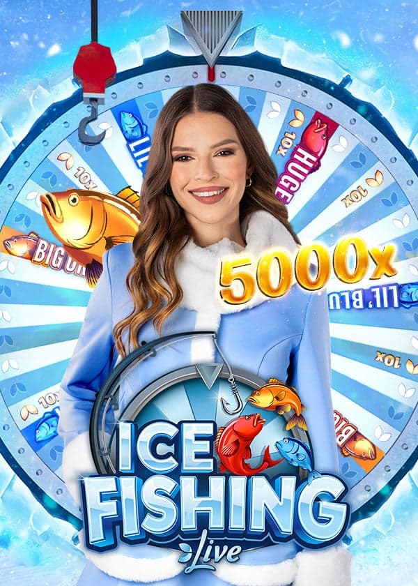 Official Ice Fishing poster with presenter, fish and money wheel